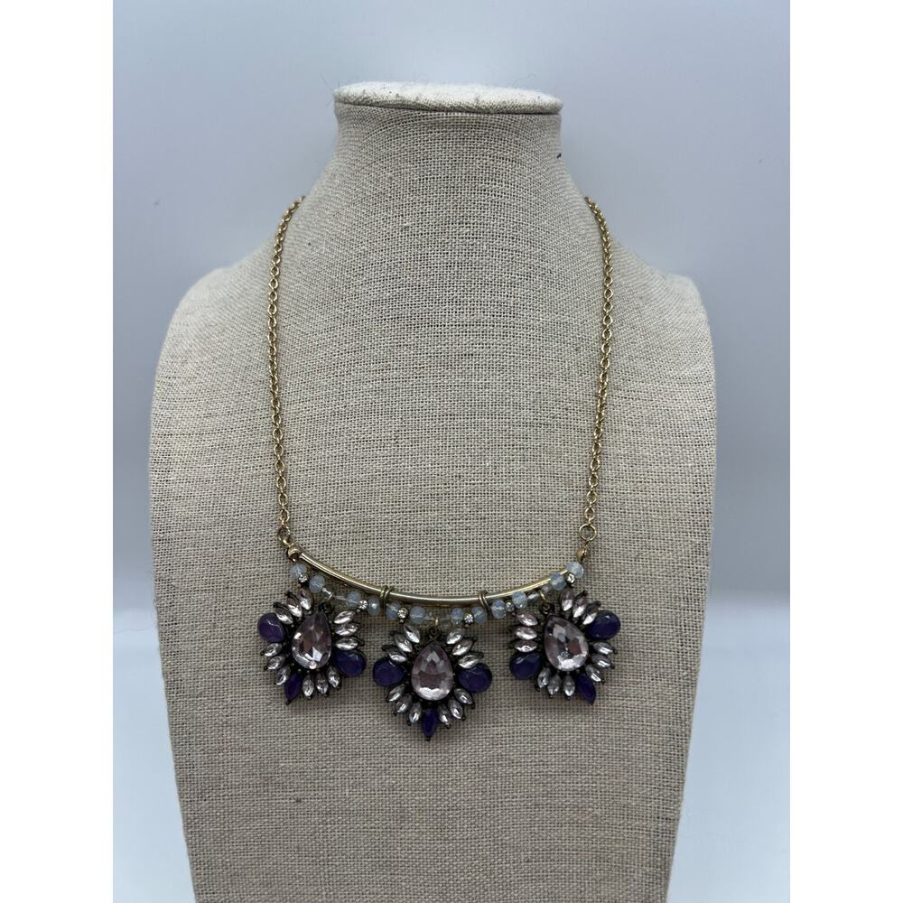 90s Y2K‎ Silver and Purple Faceted Rhinestone Cluster Bib Necklace Prom Formal